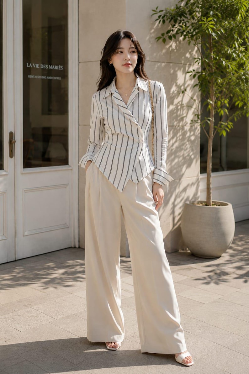 Puede incluir: Una camisa de manga larga con botones y un patr&oacute;n de rayas verticales blancas y negras, con cuello en punta y dobladillo asim&eacute;trico, combinada con pantalones de color crema de talle alto y pernera ancha y sandalias blancas abiertas.