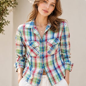 Damen Kariertes Button Down Shirt | Baumwolle Langarm Kragenhemd | Lässiges Oversized Karo Shirt | Frühling Sommer Bluse | Cottagecore Top