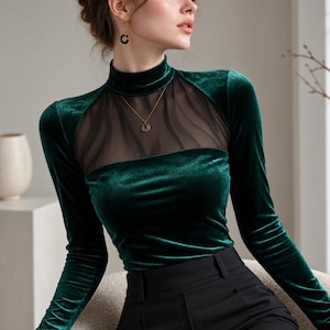 Smaragdgrünes Chiffon-Top mit Stehkragen aus Samt für Damen, transparente Samtbluse mit langen Ärmeln, elegantes Party-Top, luxuriöse Abendgarderobe, Geschenkidee für sie
