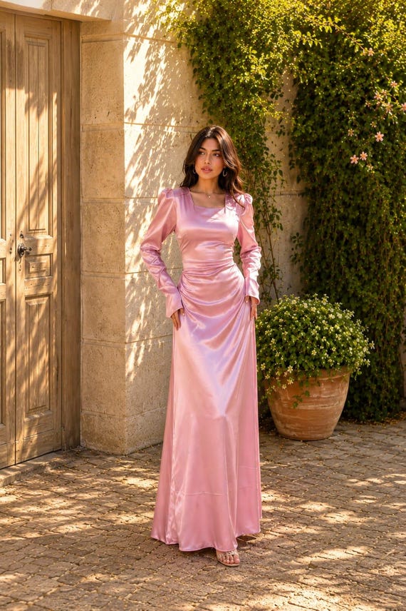 aesthetic dresses formal Pink Modest Everyday Buy Blush Pink Silk Maxi Dress For Women – Elegant Long Sleeve Dress, Modest Evening Gown, Romantic Wedding Guest Dress, Dress Online In India sandals