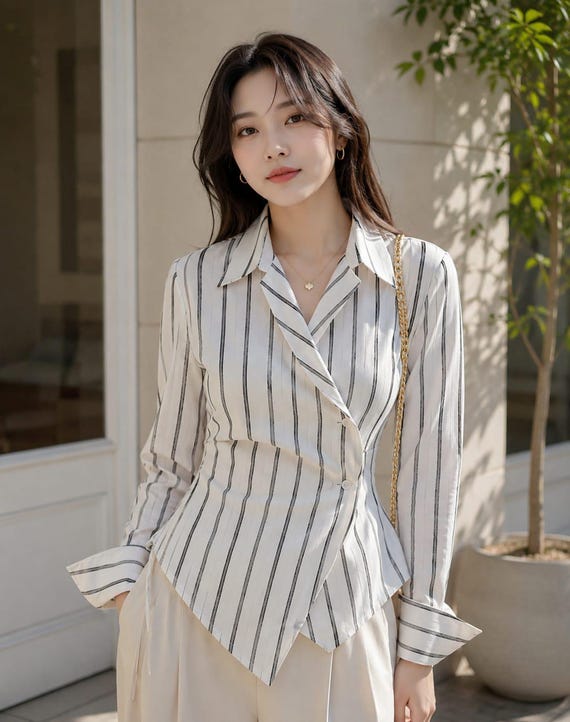 Women's White & Black Vertical Stripe Wrap Blouse | Asymmetrical Button-Down Long Sleeve Office Shirt | Elegant Business Casual Top, Gift