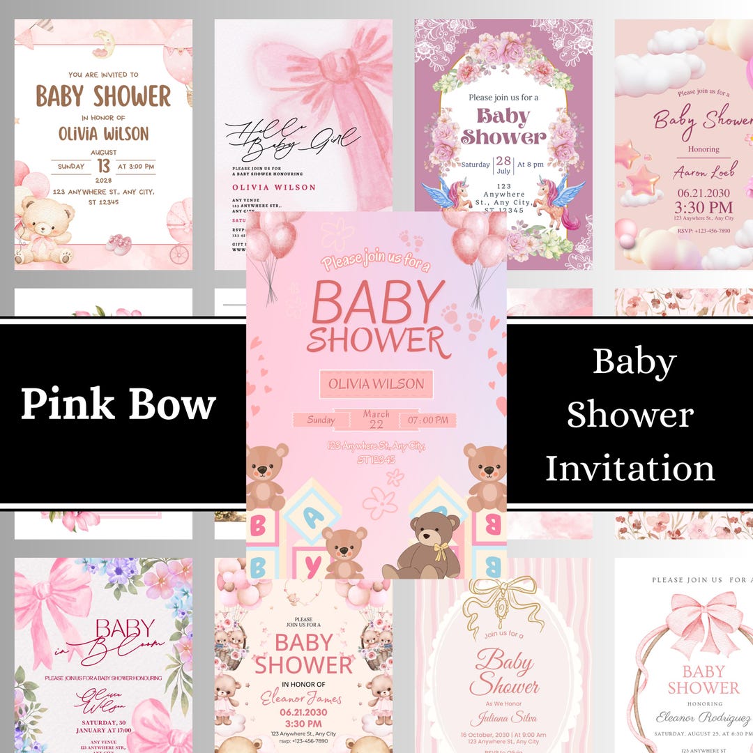 Pink Bow Baby Shower Invitation | Editable Canva Template (5x7) - Etsy
