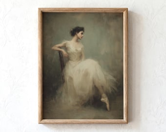 May include: A framed vintage print of a woman in a white dress, seated in a chair. The artwork has a soft, painterly style with a muted color palette. The text "VINTAGE ART PRESS" is at the bottom of the frame.