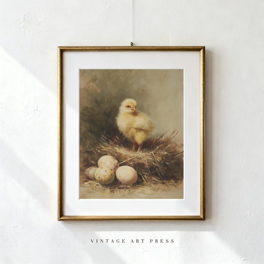 Rustic Chick Vintage Chicken Farm Art Print, Rustic Baby Chick Nest Oil Painting ...