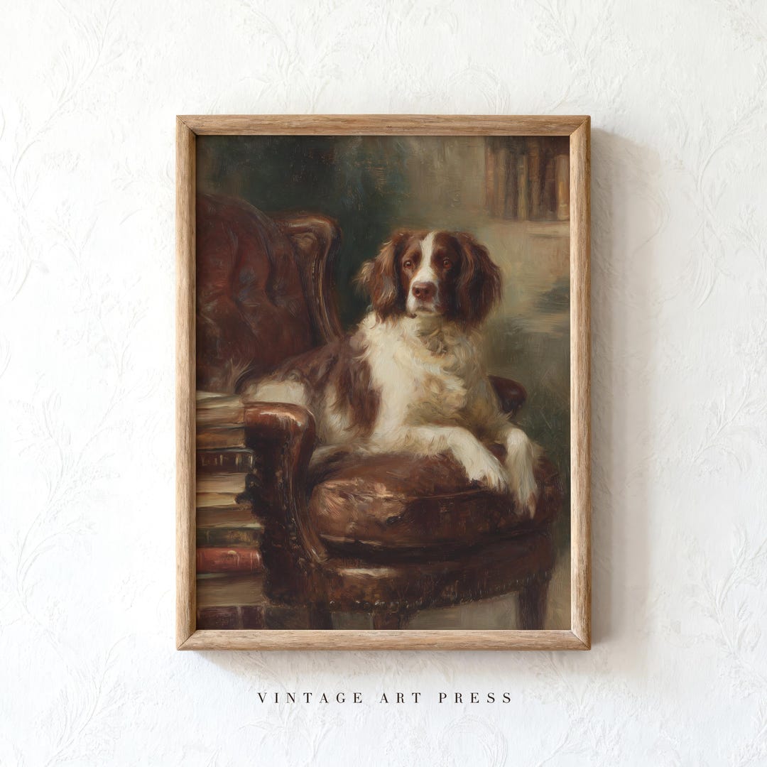 Vintage Spaniel Dog Portrait Print, Antique Library Pet Oil Painting ...
