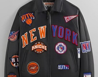 Kith & AVIREX para Madison Square Garden: chaqueta bomber deportiva, abrigo de baloncesto de cuero genuino para uso urbano.