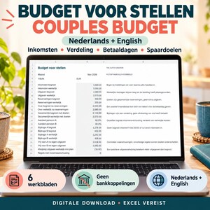 Op de afbeelding: Een laptopscherm toont een digitaal budgetoverzicht voor stellen, getiteld Budget voor stellen en Couples Budget. De interface bevat kolommen voor inkomsten, uitgaven en spaardoelen in het Engels en Nederlands, met een digitaal downloadformaat met 6 tabbladen.