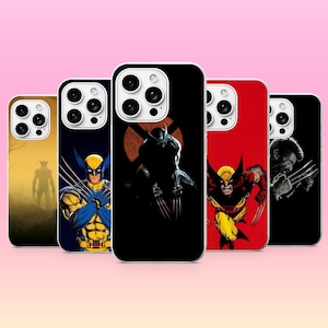 May include: Five smartphone cases featuring various illustrations of the character Wolverine. The designs include a silhouette in a yellow landscape, a close-up of the character in a blue and yellow suit, a dark figure with claws, a red background with a leaping character, and a black and white portrait.