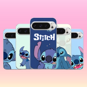 May include: Five smartphone cases featuring the blue character Stitch from Lilo and Stitch. The center case is dark blue with the text Stitch in white letters. The other cases are light blue, mint green, and white, each displaying Stitch.