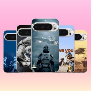 May include: A collection of five smartphone cases featuring Star Wars Clone Trooper imagery. The designs include a blue-toned battle scene, a close-up of a white and blue helmet, a trooper looking at a ship, a trooper with the text love you, and a desert scene.