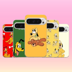 May include: Five smartphone cases featuring the cartoon character Pluto in various poses and colors. The cases include a red background with bones, a green background, a yellow background with a teddy bear, a light yellow pattern, and a striped design.