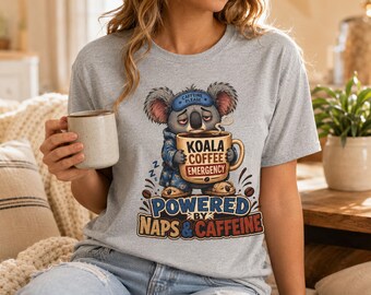 Koala-koffieshirt, Powered By Naps And Cafeïne, grappig T-shirt met dierenprint