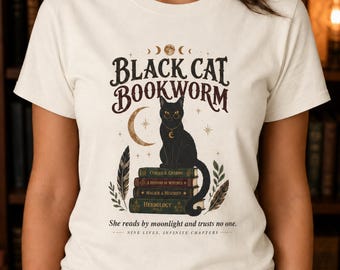 Black Cat-boekenwurmshirt, Dark Academia Reader-T-shirt, leesgrage kattencadeau