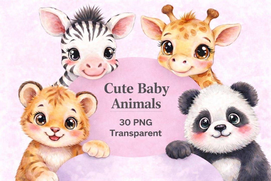 Cute Baby Animals Clipart PNG Bundle, 30 Baby Animal Clipart, Nursery ...