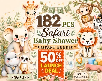 Safari babyshower clipart megabundel 182 png, jungle dieren feestafbeeldingen, borden, tags toppers