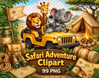 Jungle Explorer Clipart Bundle 99 PNG, Safari Adventure Animals, Jeep Map, Classroom Party Graphics