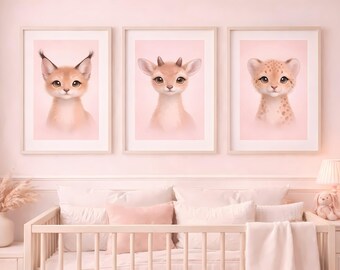 Blush safari kinderkamer muurkunst set van 3, luipaardgazelle caracal prints, decoratie babymeisje kamer