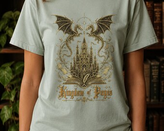 Dark Academia-boekshirt, Kingdom of Pages Dragon Tee, Gothic Reader-cadeau