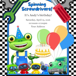 Könnte beinhalten: Eine farbenfrohe Geburtstagseinladung mit dem Text "Spinning Screwdrivers!" und "It's Andy's birthday!". Sie zeigt einen Cartoon-Frosch, Kuchen, Luftballons und Spielzeugfahrzeuge. Der Hintergrund hat ein schwarz-weißes Schachbrettmuster.