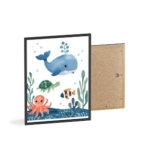 Underwater Sea Animals Poster wooden frame | Whale Turtle Octopus Nursery Art