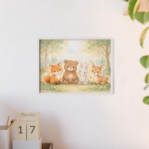 Woodland Baby Animals poster with frame | Fox, Bear, Bunny, Fawn wall art PDF