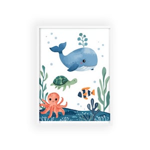 Underwater Sea Animals Poster wooden frame | Whale Turtle Octopus Nursery Art PDF