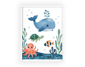 Underwater Sea Animals Poster wooden frame | Whale Turtle Octopus Nursery Art PDF