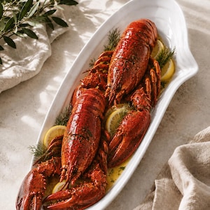 May include: Two cooked red lobsters served on a long, white, oval-shaped ceramic platter. The lobsters are garnished with fresh green dill sprigs and thin yellow lemon slices, all resting in a light-coloured butter sauce within the dish.