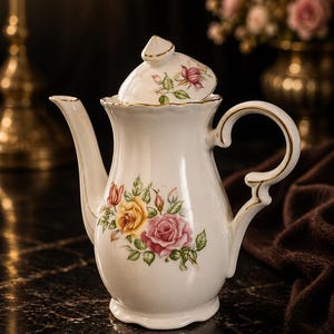 May include: A white ceramic teapot with a lid, decorated with a floral rose pattern in pink, yellow, and orange. The teapot has a curved spout and handle, with gold trim. The dark background accentuates the teapot's design.