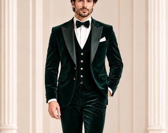 Emerald Green Velvet Tuxedo Suit, Men's 3 Piece Wedding Suit, Custom Groom & Groomsmen Formal Suit