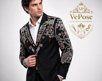 Luxury Black Embroidered Blazer Men | Designer Wedding Suit Jacket | Custom Tailored Prom Tuxedo | Slim Fit Evening Blazer | VePose