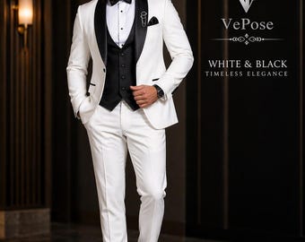 Luxury White & Black 5 Piece Wedding Tuxedo for Men, Groom Suit Set, Shawl Lapel Suit, Custom Made Prom Suit, VePose Formal Wear