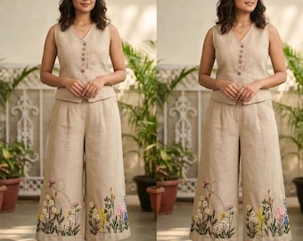 Women’s Beige Linen Co-Ord Set, Embroidered Wide Leg Pants with Sleeveless Vest Top Elegant Summer Outfit, Handmade Minimalist Two Piece Set