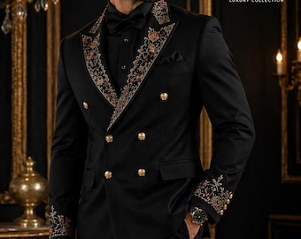 Luxury Black Double Breasted Embroidered Suit for Men | Designer Wedding Tuxedo | Floral Lapel Blazer Set | VePose Custom Suit