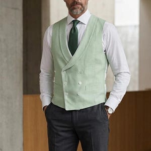 Custom Pistachio Linen Waistcoat for Wedding | Double Breasted Shawl Lapel Vest | Groomsmen Outfit | Silk Back Option | Tailored Fit