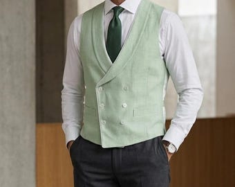 Gilet en lin pistache sur mesure pour mariage | Gilet croisé à revers châle | Tenue pour garçons d'honneur | Dos en soie en option | Coupe ajustée
