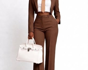 Women’s Brown Cropped Blazer Pant Suit Set | Modern Office Wear | Custom Tailored Co-Ord Set | Wide Leg Pants Outfit | Formal Fashion Set