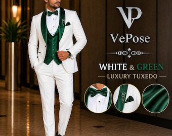 Luxury White & Green 5 Piece Wedding Tuxedo for Men, Groom Suit Set, Shawl Lapel Suit, Custom Made Prom Suit, VePose Formal Wear