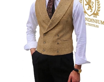 Mens Double Breasted Linen Vest | Beige Waistcoat | Custom Tailored Wedding Vest | Formal Waistcoat | Groom Vest | VePose Custom Tailoring