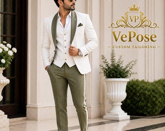Traje de lino blanco y verde oliva para hombre, traje de boda de verano, traje de 3 piezas a medida, traje de novio, esmoquin de lino ajustado, traje de graduación de lujo