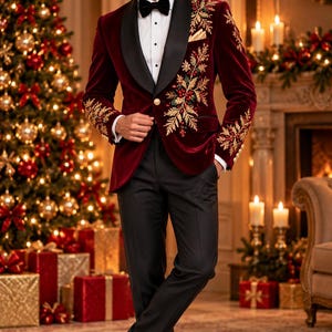 Men's Burgundy Velvet Christmas Tuxedo Jacket – Gold Embroidered Luxury New Year Party Suit | Custom Tailored Formal Wear