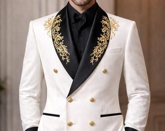 Luxury White Double Breasted Jacket, Gold Embroidered Shawl Lapel Blazer, Black Satin Tuxedo, Black Pant, Wedding Groom Suit, Custom Made