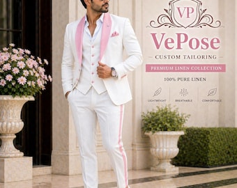White & Pink Linen Suit for Men, Summer Wedding Suit, Custom 3 Piece Suit, Groom Outfit, Slim Fit Linen Tuxedo, Luxury Prom Suit
