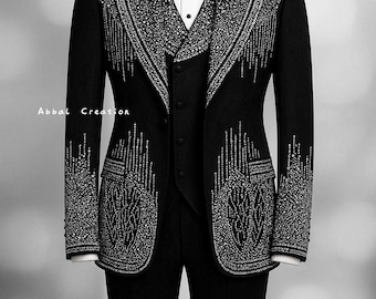 Luxury Black Crystal Embroidered Tuxedo Suit for Men | Custom Wedding Blazer Set | Rhinestone Prom Suit | 3 Piece Designer Suit | Handmade