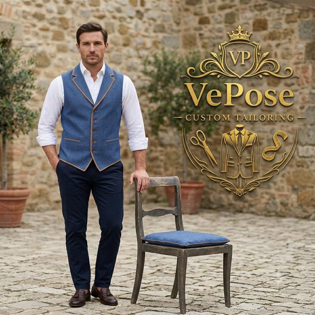 Blue Linen Designer Vest for Men Gold Piping Waistcoat Custom Tailored Linen Vest Wedding Waistcoat Formal Linen Vest