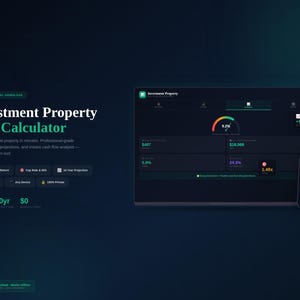 May include: A digital display showcasing an "Investment Property ROI Calculator." The interface displays financial metrics, including cash-on-cash return, cap rate, and 10-year projections. A mobile device displays a similar interface. The text reads "Instant Digital Download."