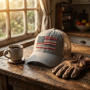Faux patchwork American flag trucker hat, Patriotic Quilt Flag Baseball Cap, USA Flag Hat, 4th of July Gift
