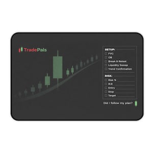 May include: Black rectangular mousepad with a green and white trading chart design. The mousepad features the text "TradePals" and a checklist for trading setups and risk assessment. The text "Did I follow my plan?" is also included.