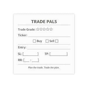 May include: A white trading card with the text "TRADE PALS" at the top. The card includes fields for "Trade Grade," "Ticker," "Buy," "Sell," "Entry," "SL," "TP," and "RR." The phrase "Plan the trade. Trade the plan." is at the bottom.