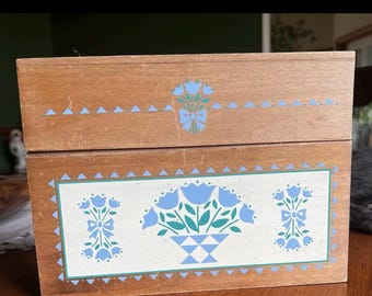 Wooden Floral Painted Blue Green Rectangle Storage Box with Lid, Medium
